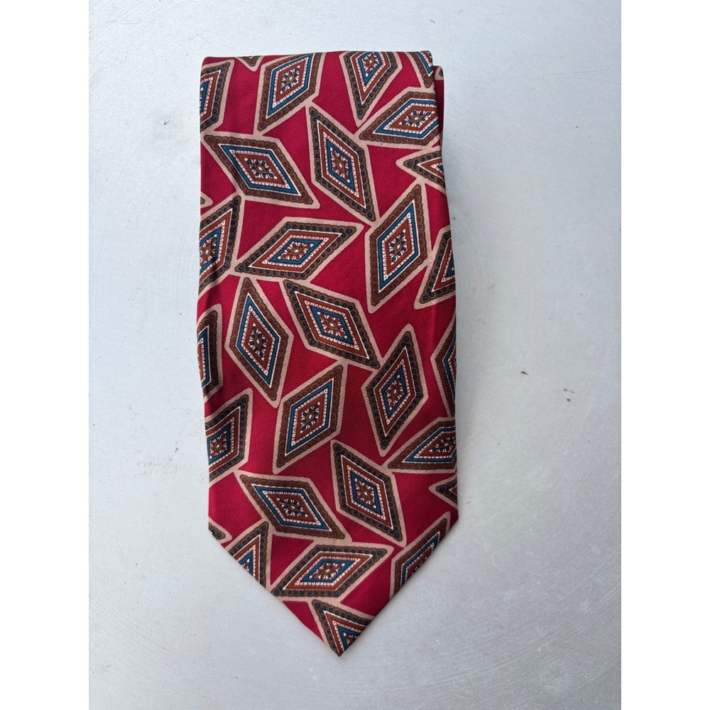 Pierre Balmain Paris Vintage Red Geometric Diamond 100% Italian Silk Necktie
